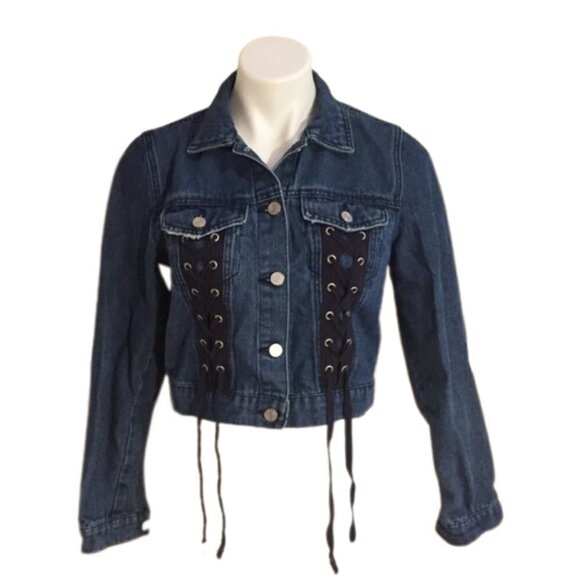 Refugee cropped lace-up denim jacket double front corset M - Picture 1 of 10